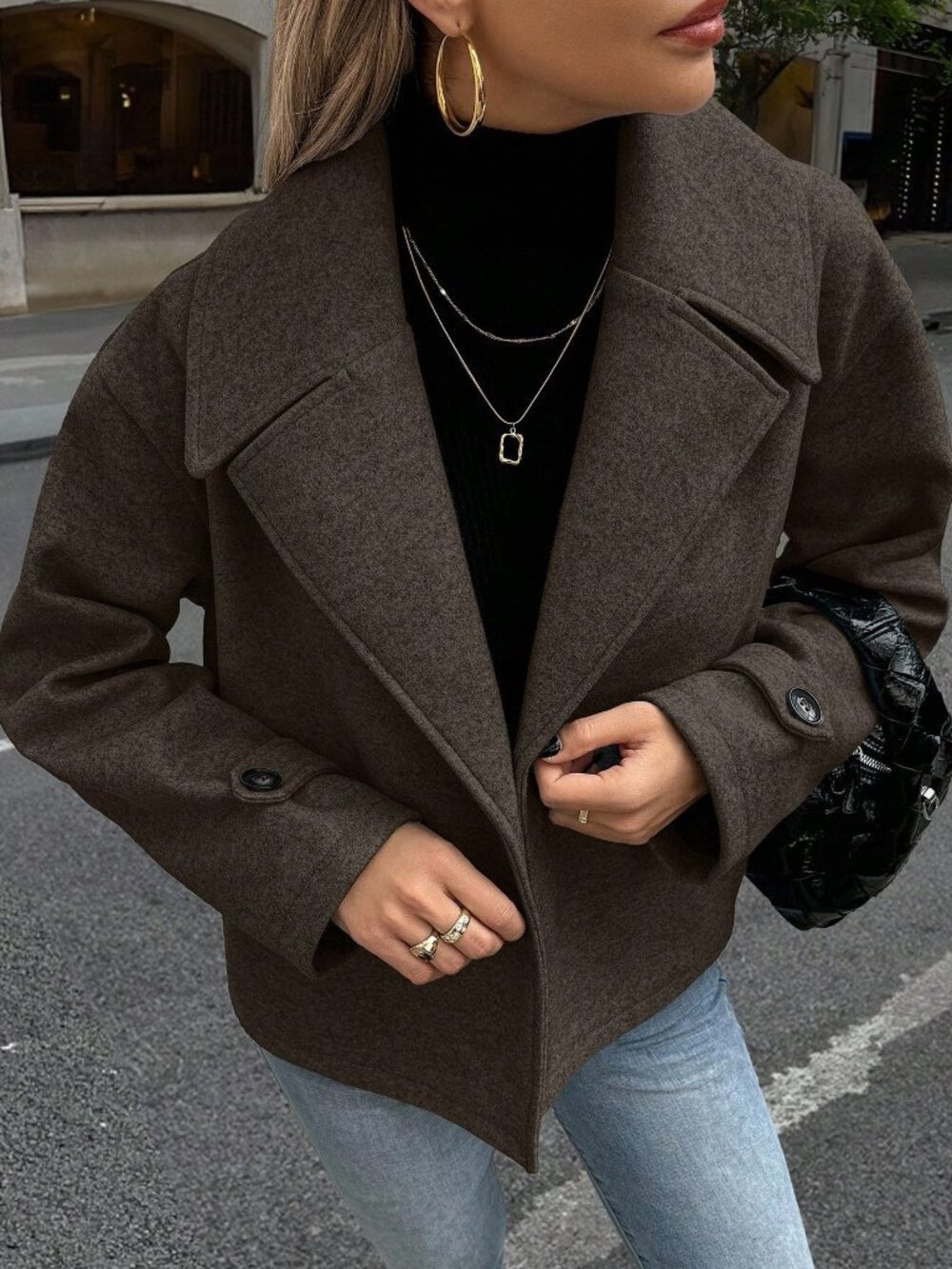 Coffee Brown Casual Women's Plus Size Urban Elegant Overcoat